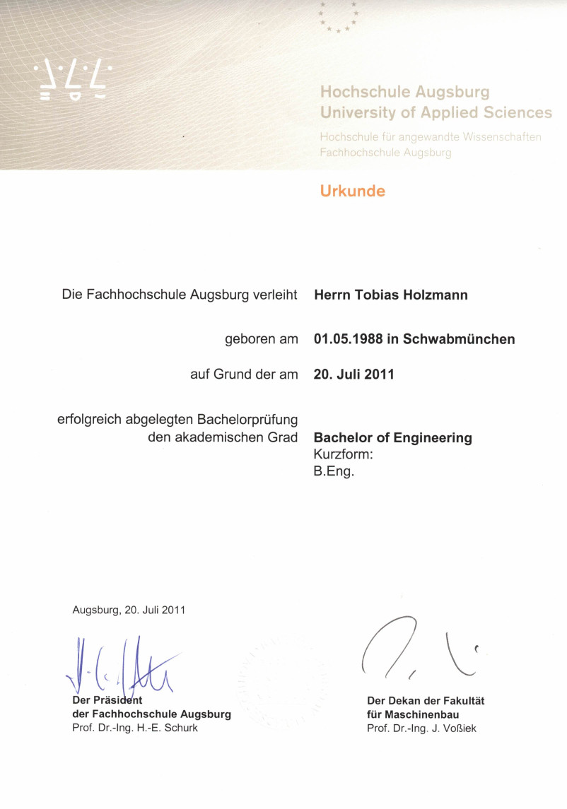 Tobias Holzmann's Certificate of Bachelor of Engineering