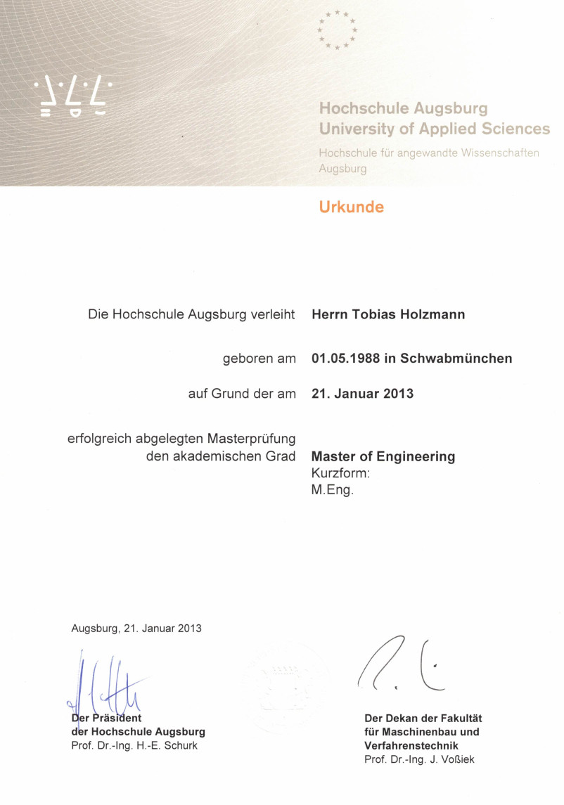 Tobias Holzmann's Certificate of Master of Engineering