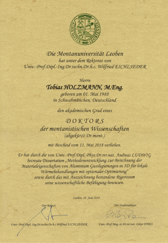 Tobias Holzmann's Certificate of his Doctoral Degree, Dr. mont.